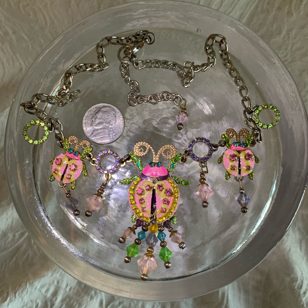 Lunch at the RITZ (LATR2GO) Colorful Lady Beetle Necklace with Crystals VINTAGE